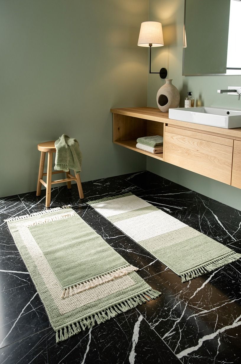 Layer washable textiles instead of a giant bath rug