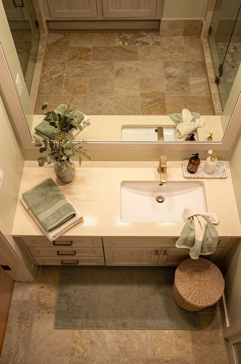 Let tumbled limestone set the bathroom’s temperature