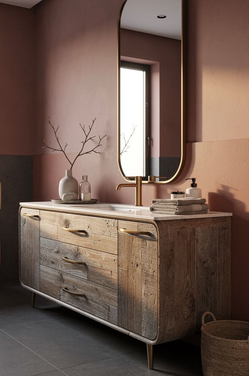 Mix a contemporary classic bathroom vanity with rustic grain