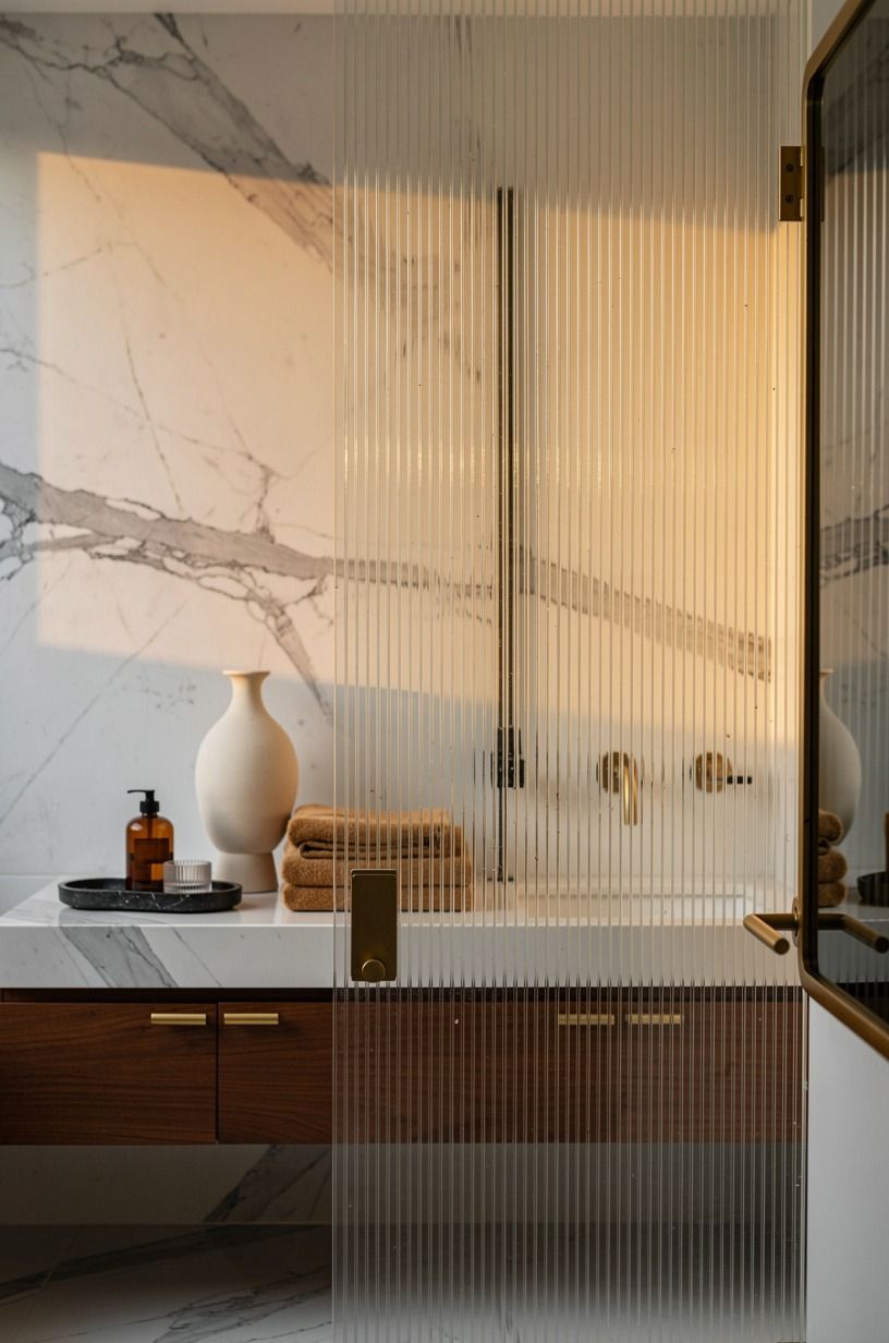 Mix a ribbed glass shower screen with plaster bathroom design