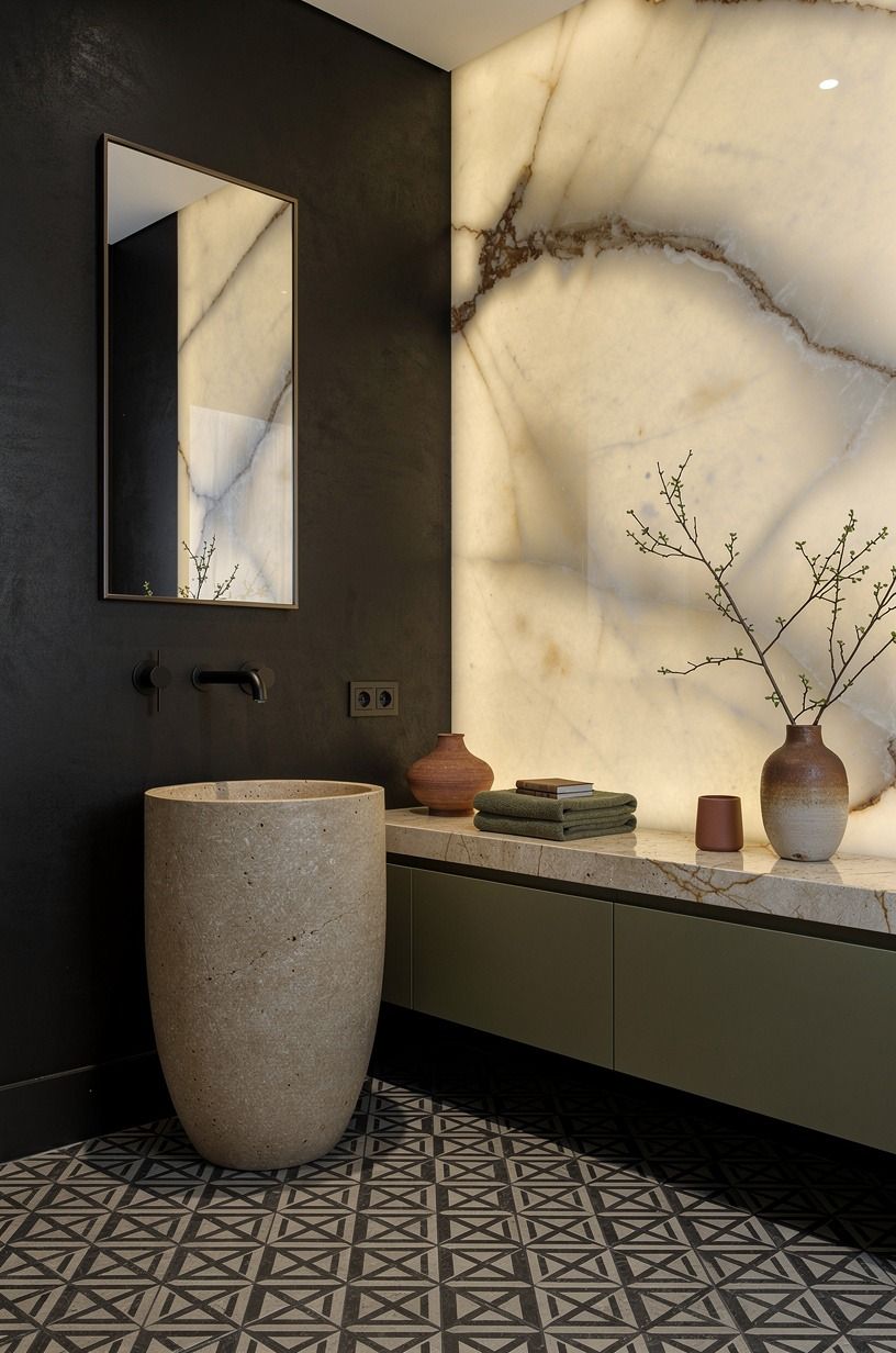 Mix black walls with a patterned floor