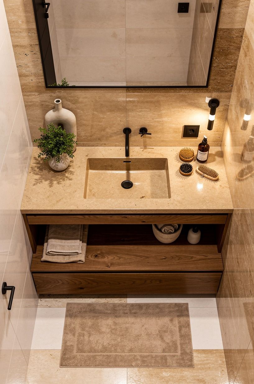 Pair glossy tile with a warm wood vanity