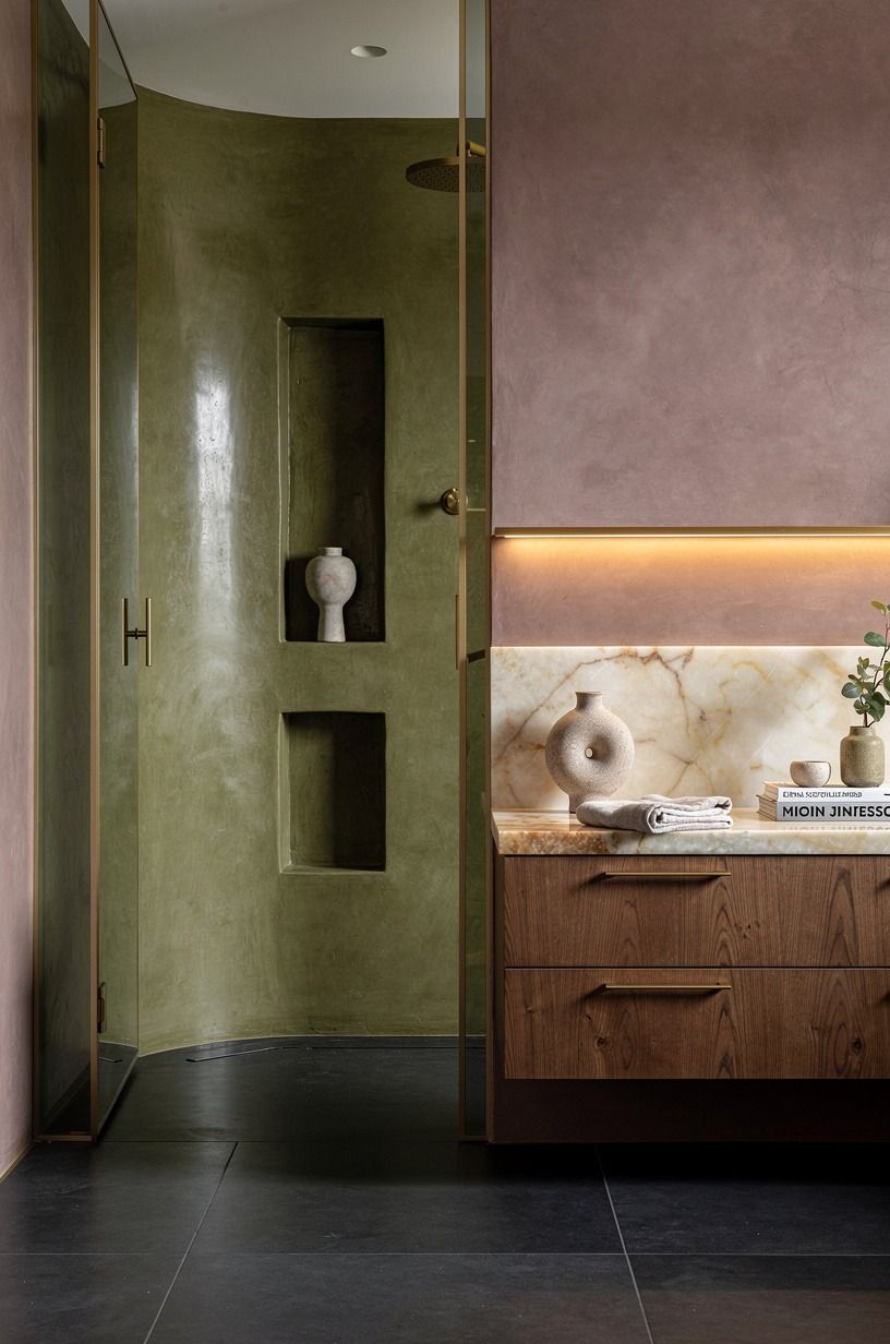 Wrap the shower in olive green tadelakt