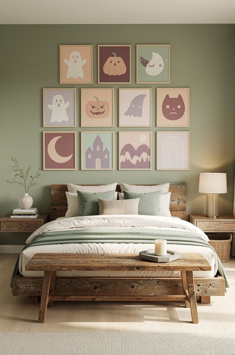 Frame a haunted portrait wall with pastel Halloween art