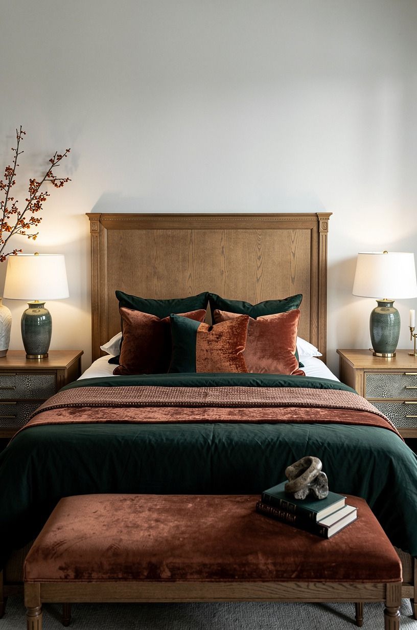 I chose the bed as the real starting point, forest green palette
