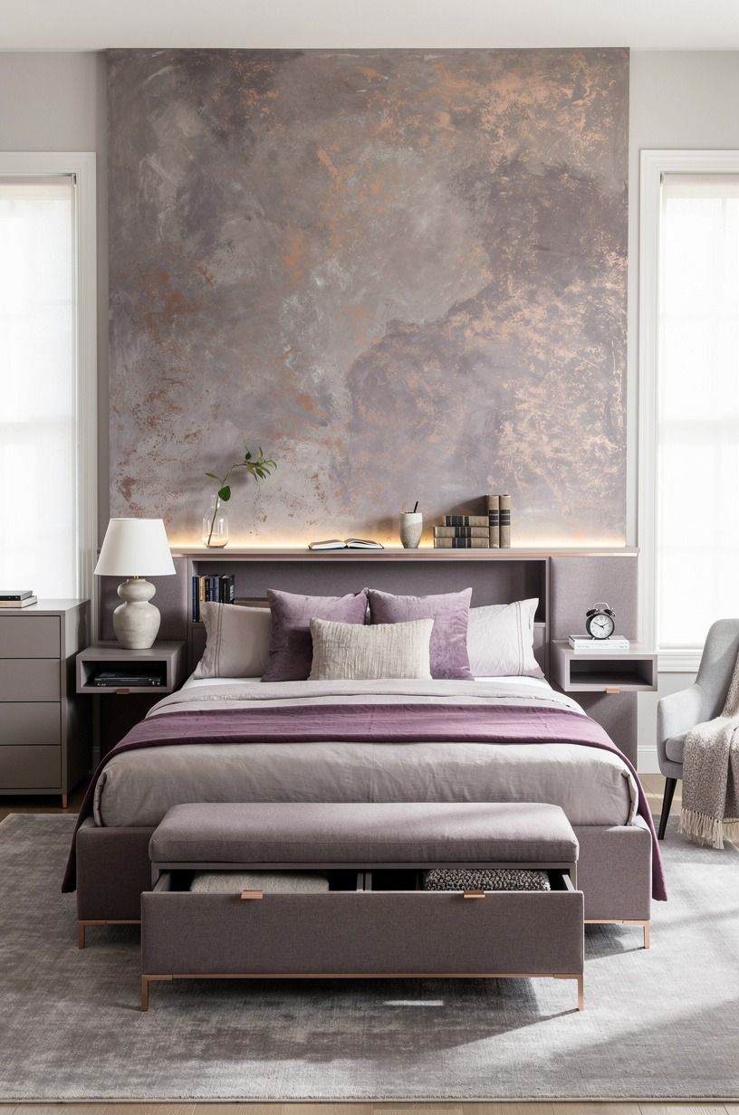 I gave the bed a job beyond being a place to collapse, plum palette