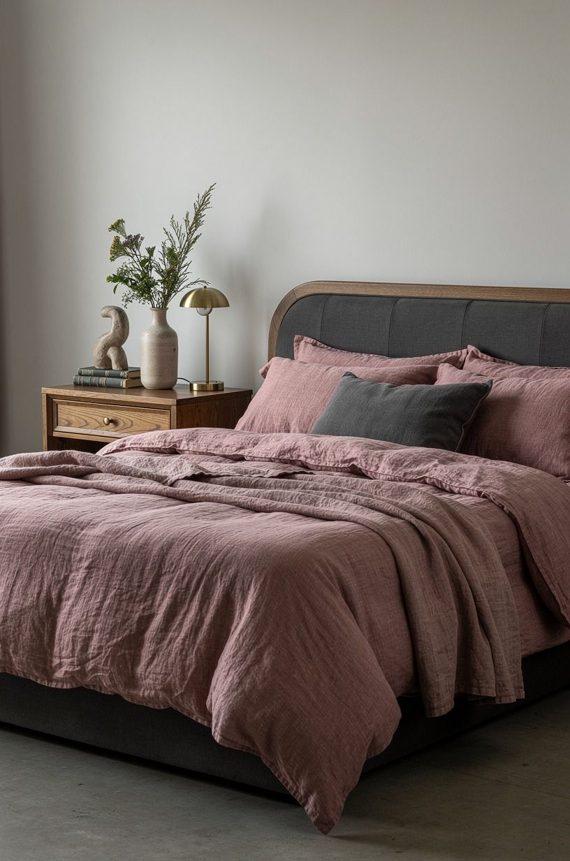 I kept the old wood nightstands, dusty rose palette
