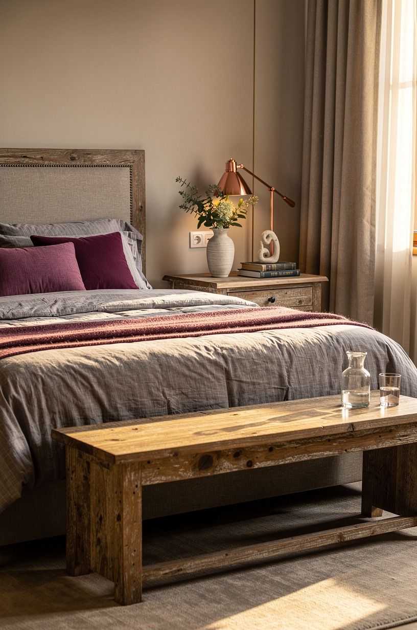 I made the sheets feel like part of the decor, plum palette