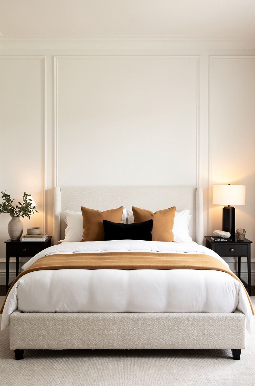 I softened the bed without burying it in layers, warm white palette