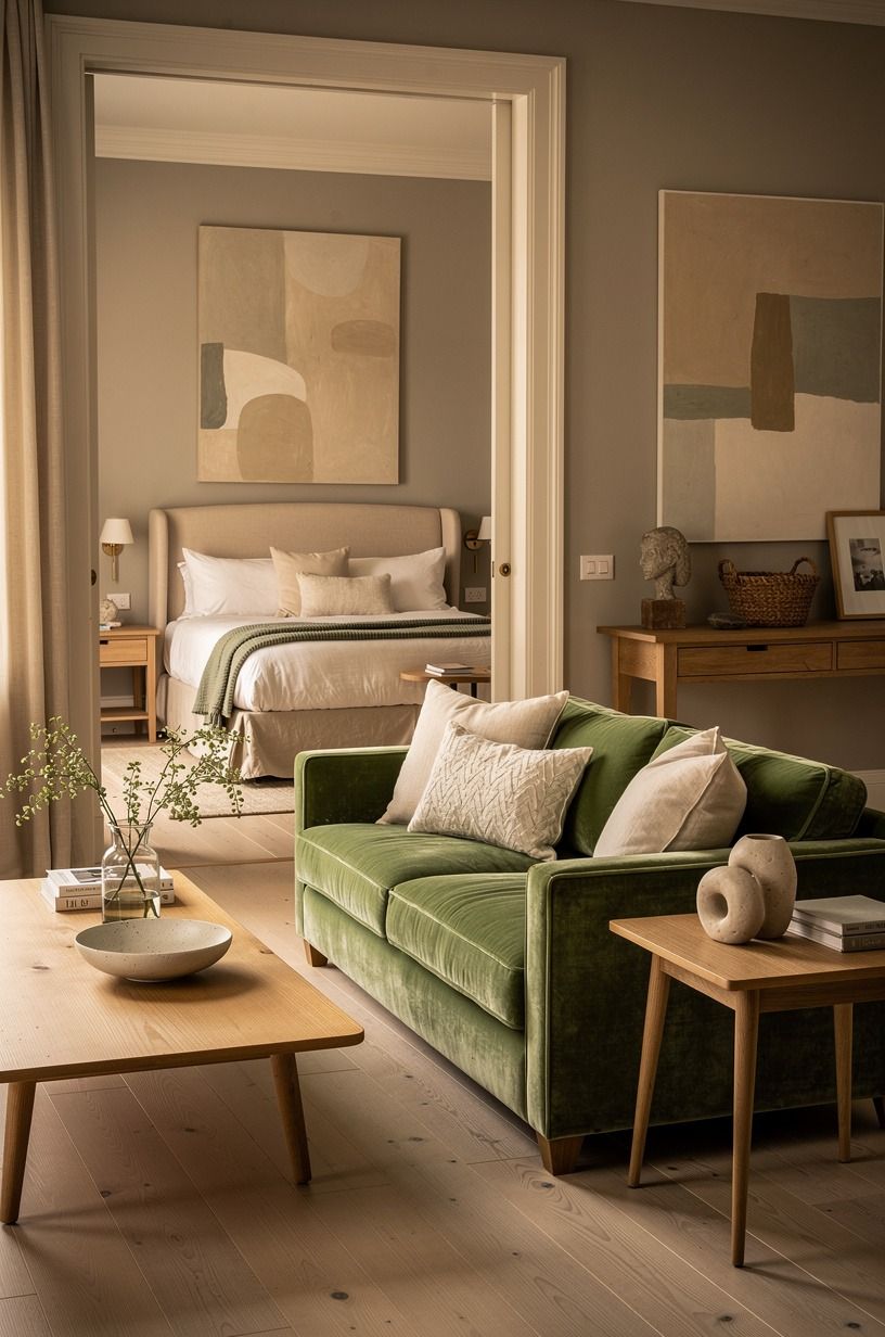 I used color and air to make the room feel settled, sage green palette