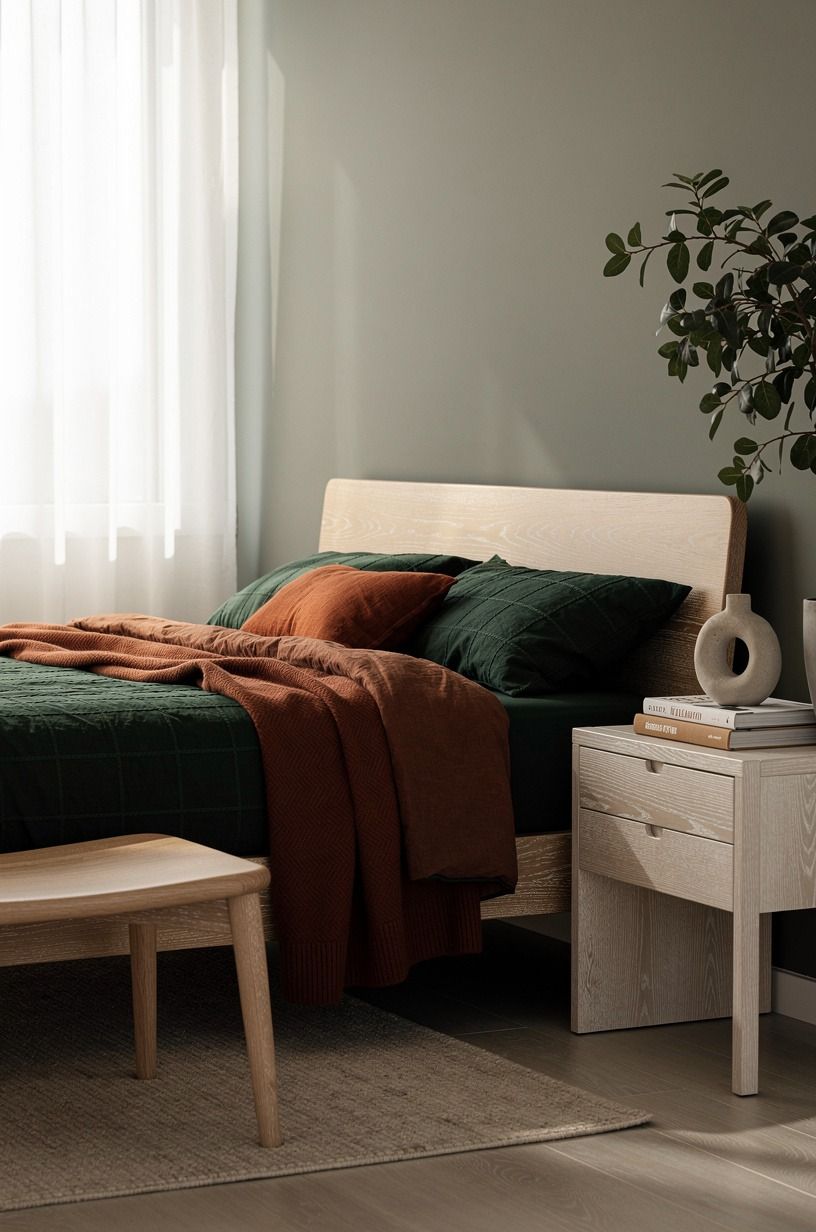 I warmed the walls without making them loud, forest green palette