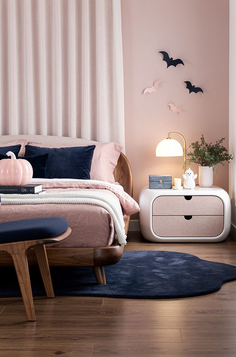 Layer a blush base for a pink Halloween bedroom