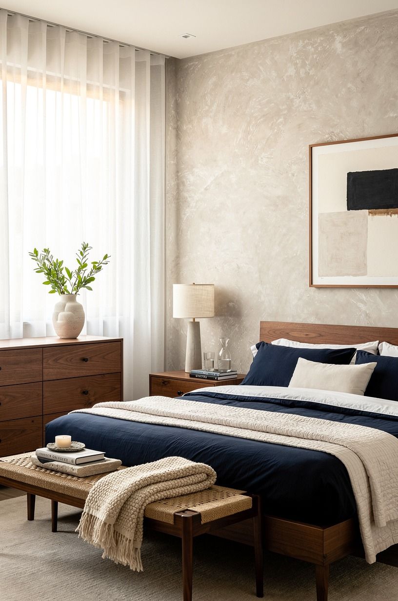 The fabric swap made the room feel airy, navy palette
