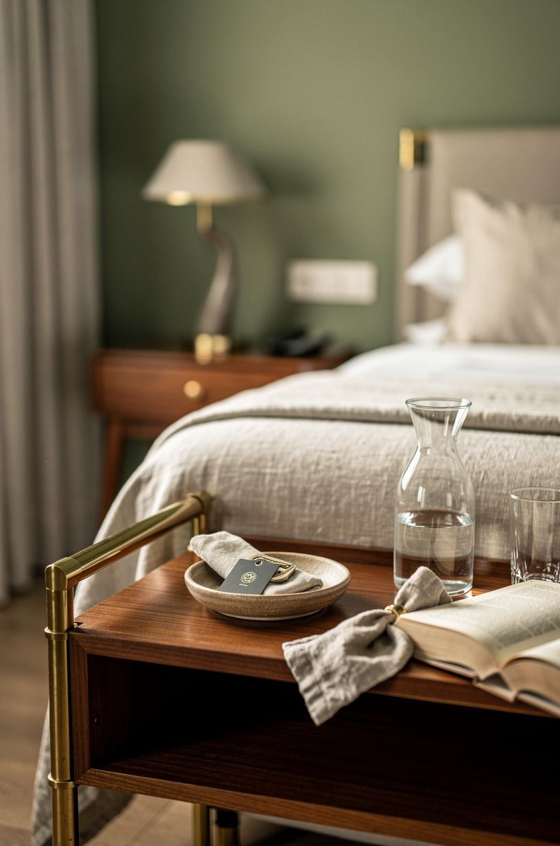 The five-minute floor sweep is where hotel housekeeping helps, sage green palette