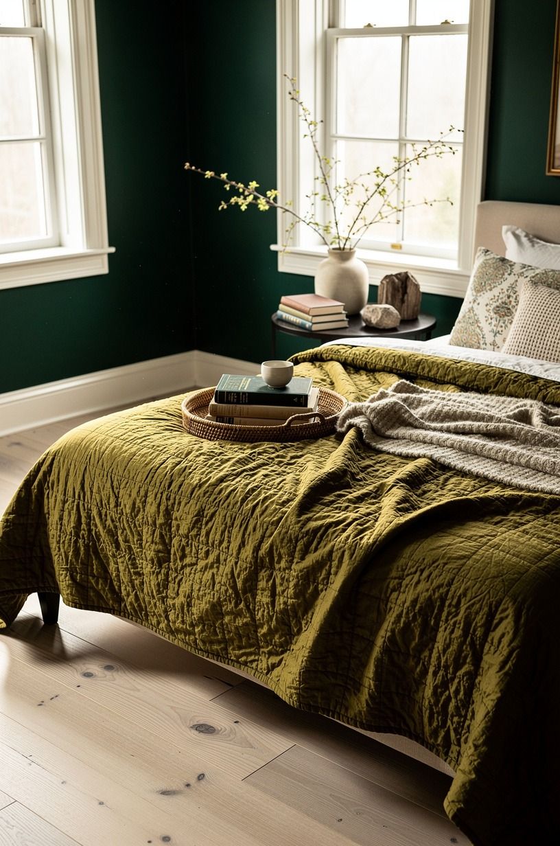 The quilt gave the bed its imperfect cabin weight, emerald palette