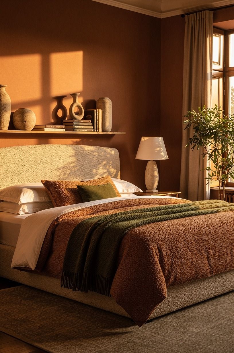 Then I made the bed feel like one decision, terracotta palette