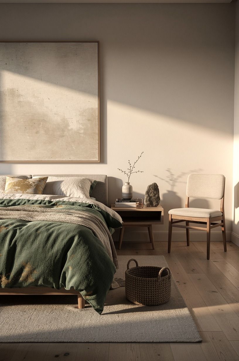 Then I softened the sleep surface without piling on clutter, emerald palette