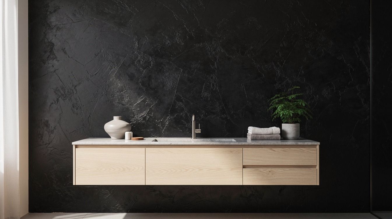 Low-Maintenance Black Venetian Plaster Bathroom Ideas for Moody, Dramatic Walls