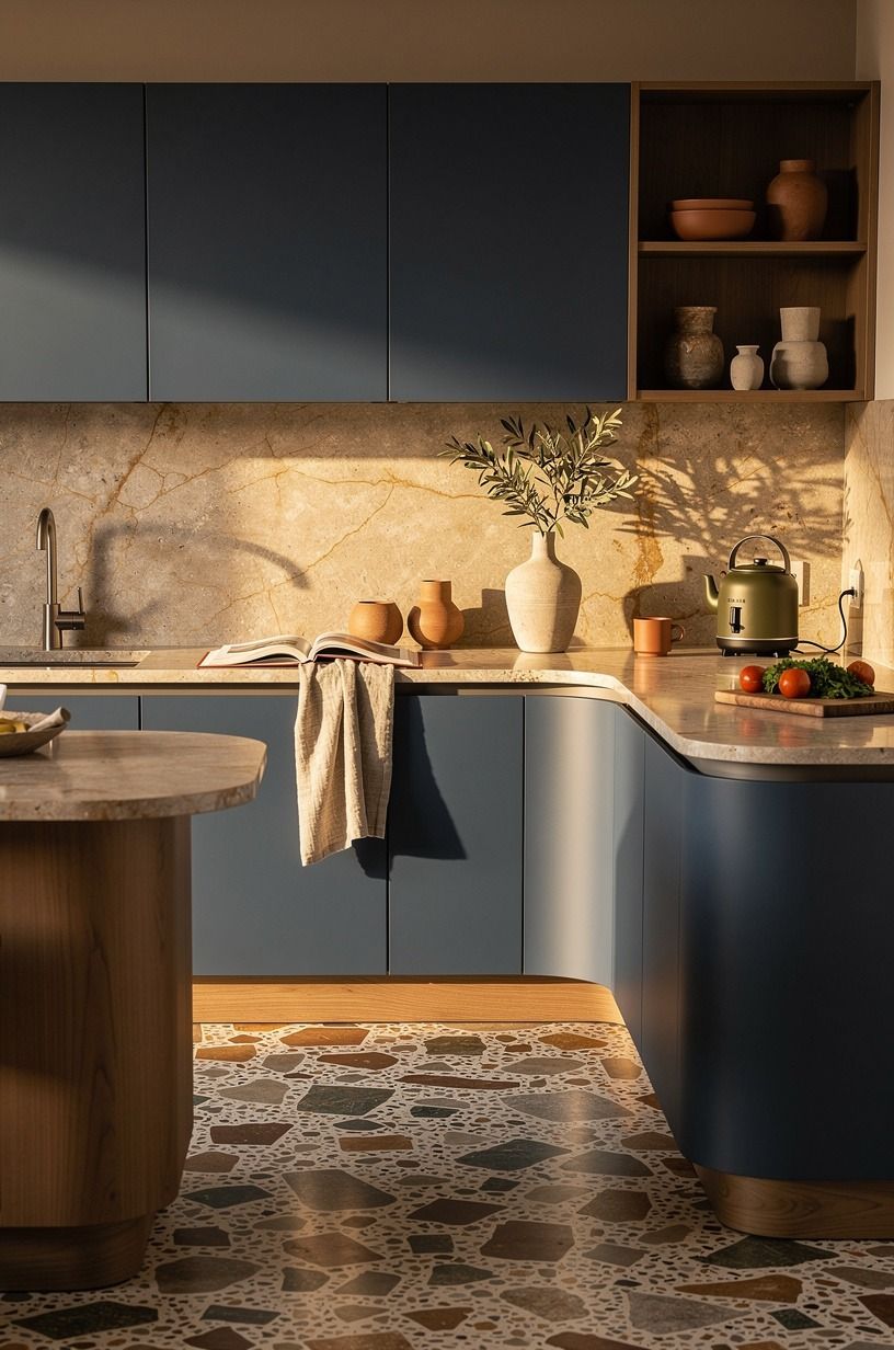 Anchor blue and tan kitchen ideas with a stone surface