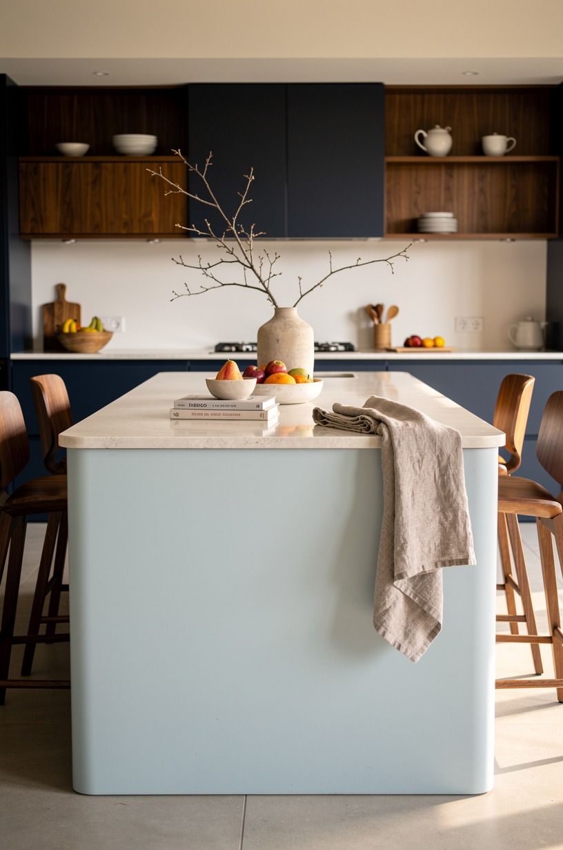 Build a pale blue cabinets kitchen island with breathing room