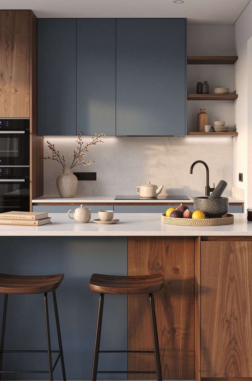 Layer the Two-Wood Rule into blue kitchen inspo