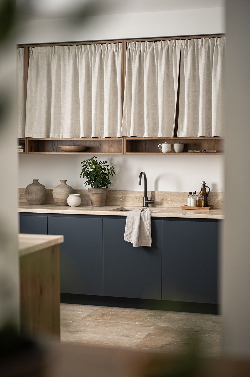 Swap upper doors for cottage cabinet curtains