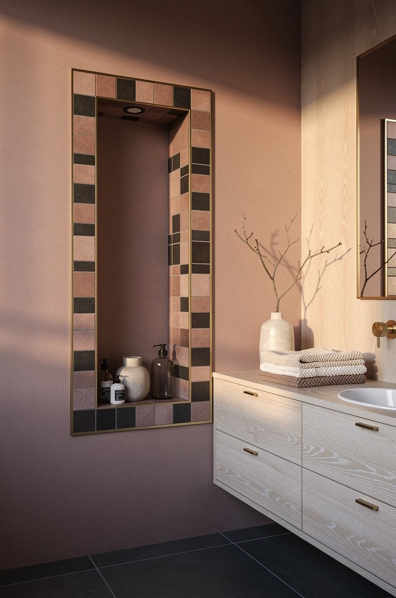 Frame the niche with a feature bathroom tile border