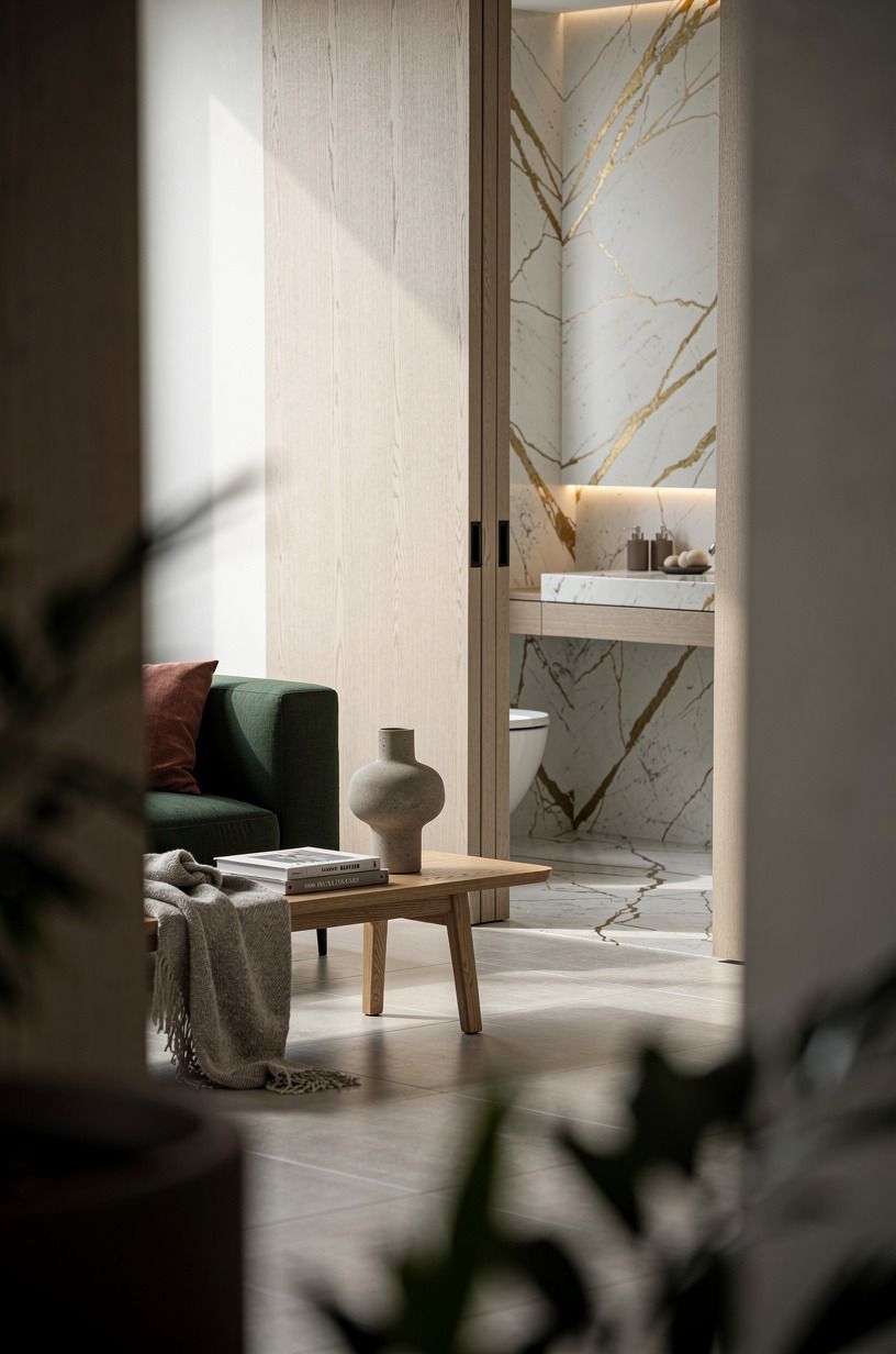 Warm the tile with cerused white oak