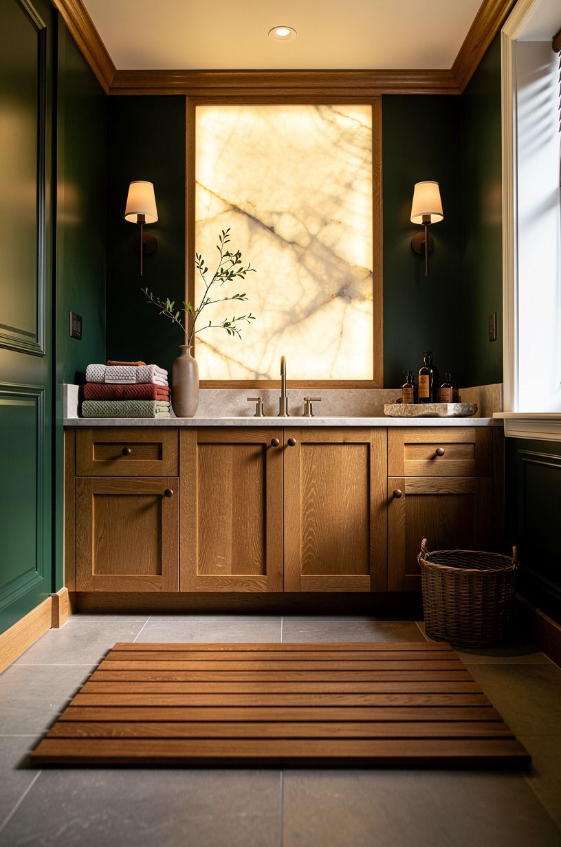 Anchor the room with a teak shower mat and let it do the heavy lifting
