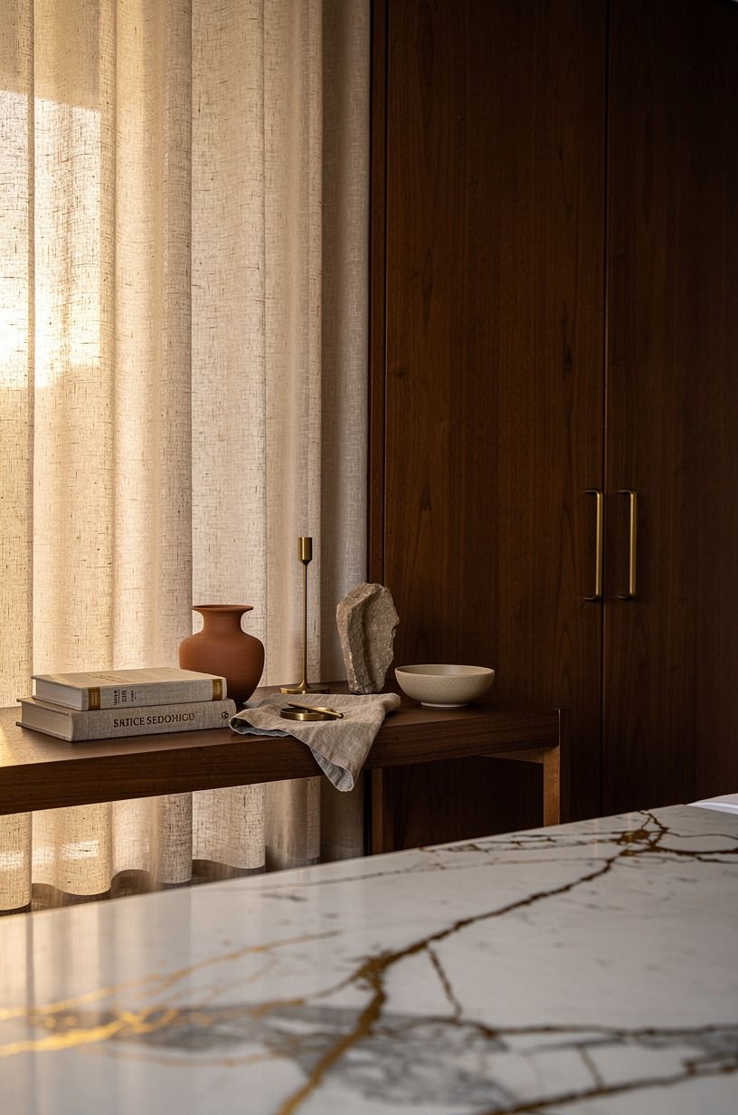 Float a narrow shelf above the curtain