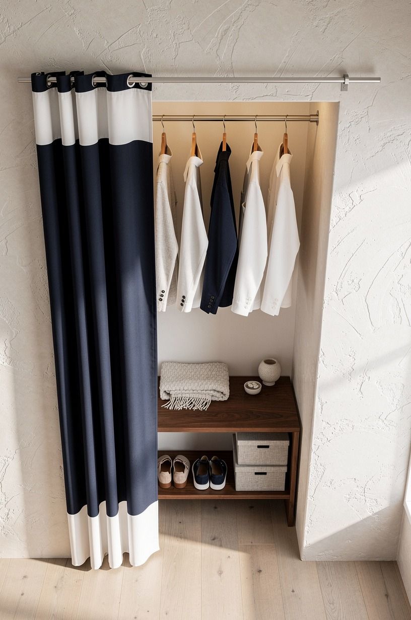 Hang a tension rod with a tailored shower curtain closet door
