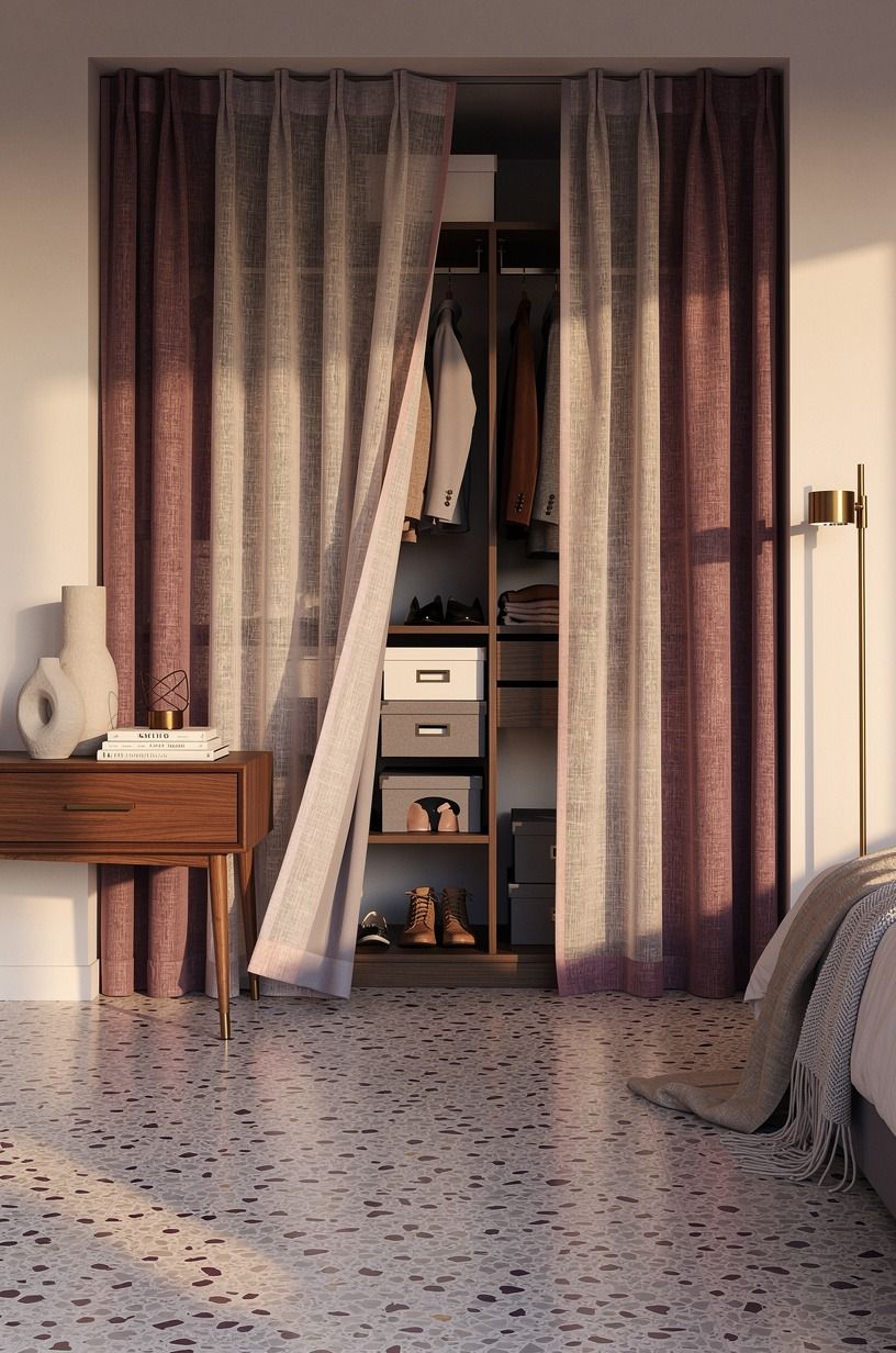 Layer linen panels for airy closet curtain ideas