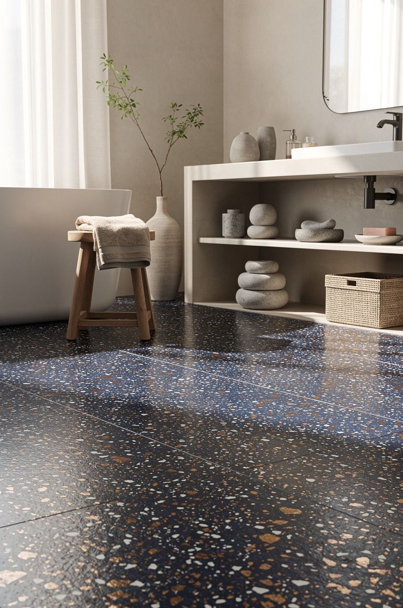 Anchor the floor with natural tones bathroom styling