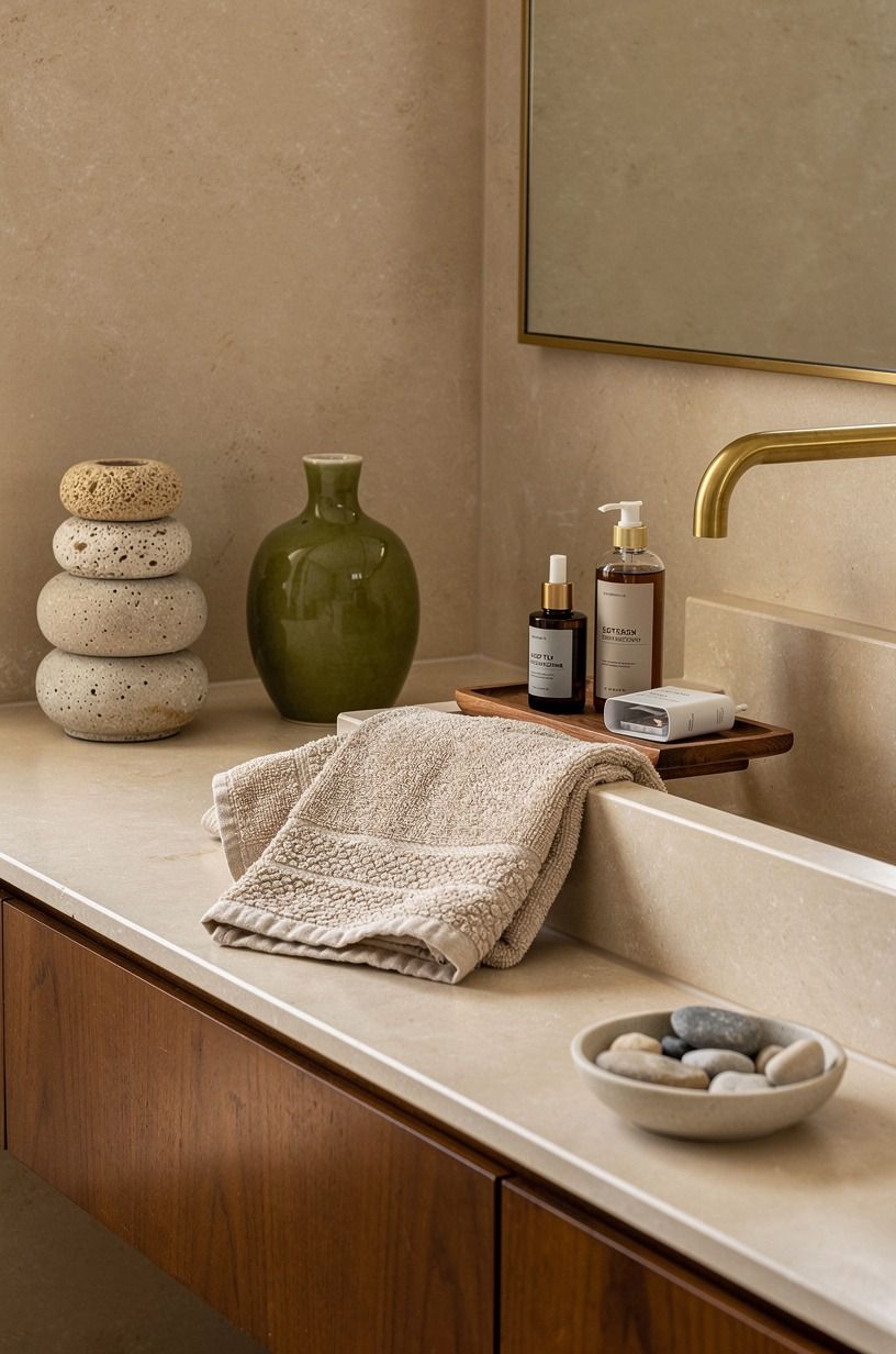 Ask what makes a beige bathroom feel beachy