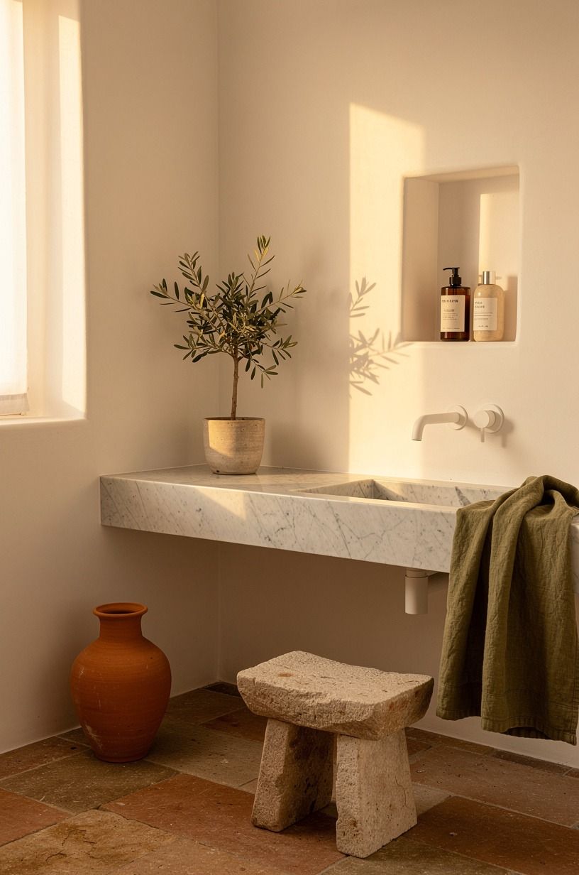 Paint the walls for a warm white bathroom design