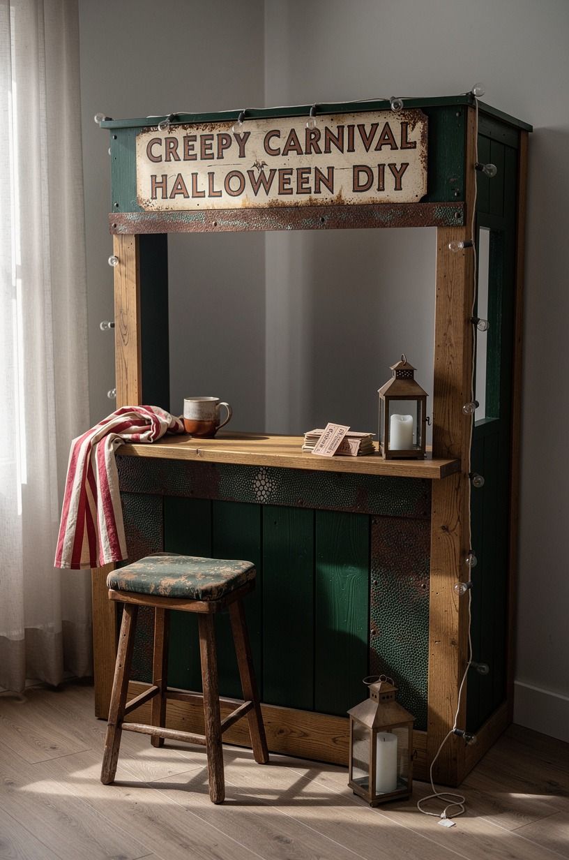 I built a ticket booth corner from things I already had, forest green palette