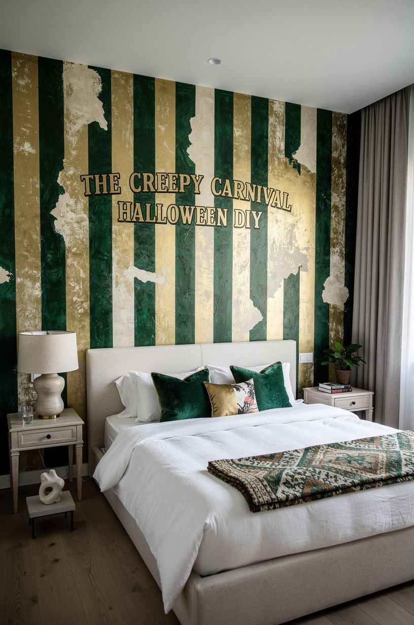 I painted imperfect circus stripes behind the bed, emerald palette