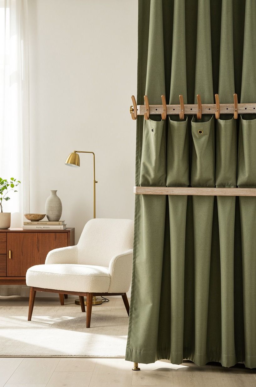 Build storage into the curtain dividers for rooms