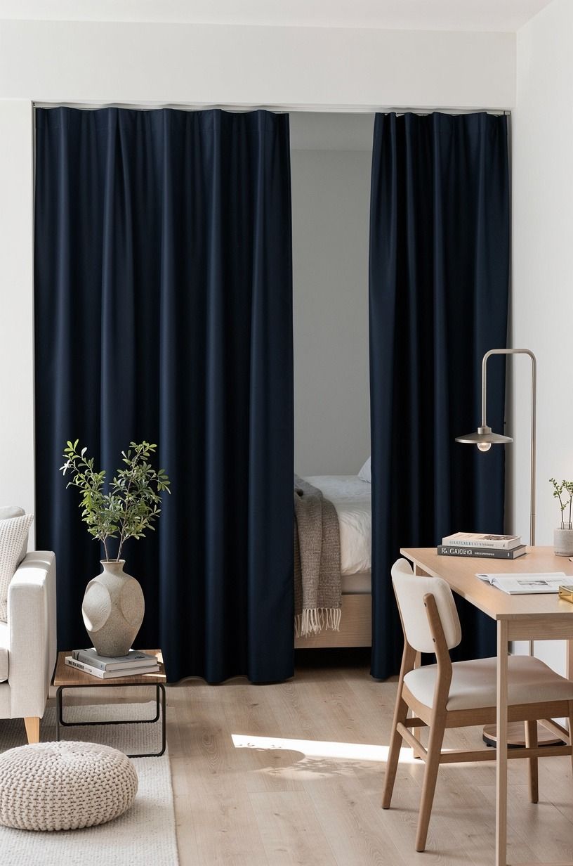 Float the bed behind the curtain instead of blocking the sofa