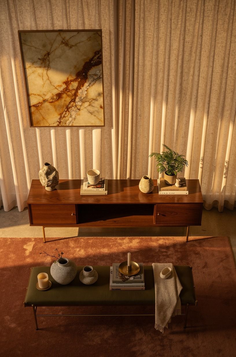 Hang art at the curtain's visual edge