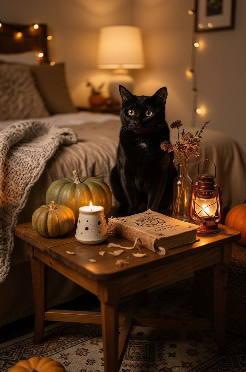 Build Cat Themed Decorations Beside the Bed, navy palette