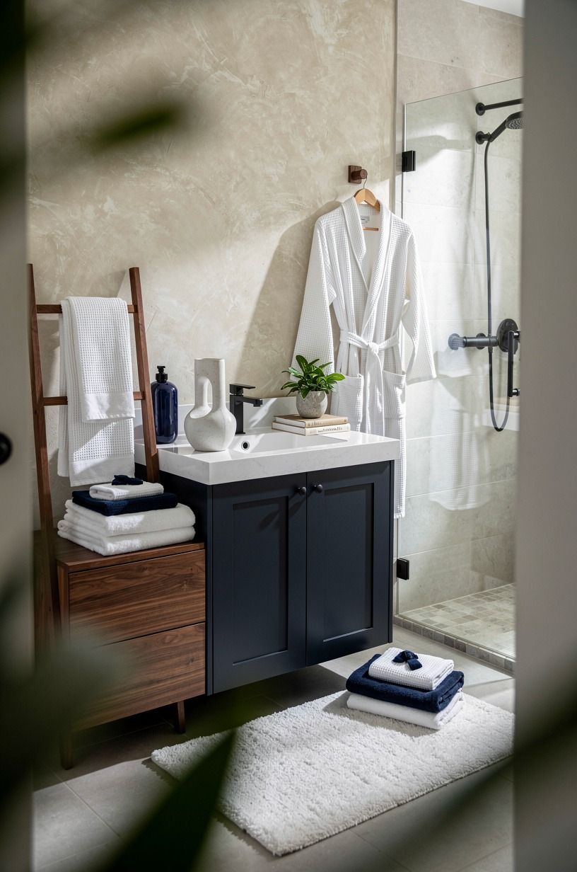 A Hotel-Like Bathroom with Layered Textiles