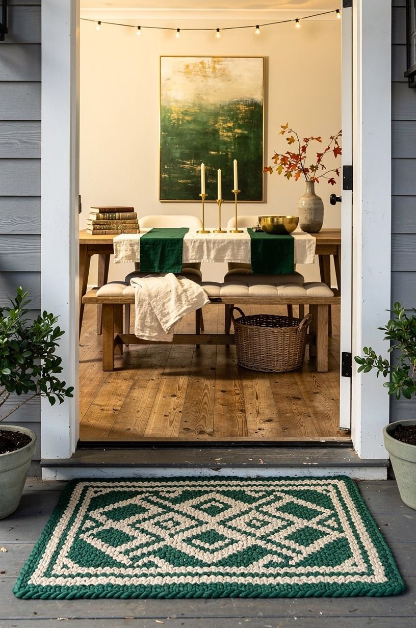 Anchor your fall porch ideas with a door mat that has weight