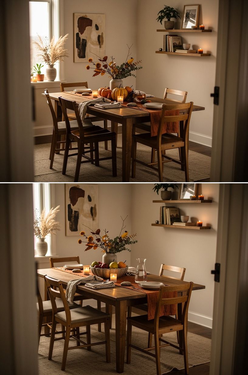 Frame the steps with a left-heavy fall decor front porch layout