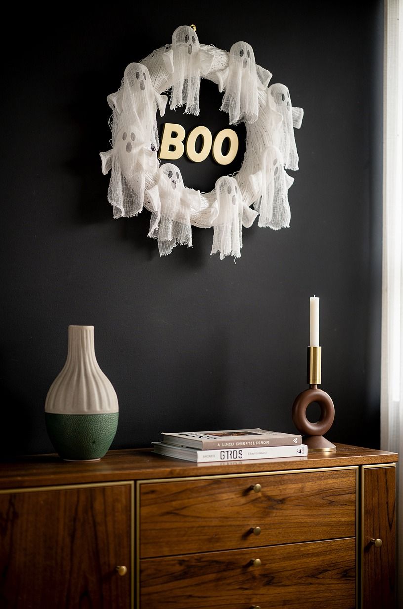 Can a boo wreath DIY use a black backdrop without looking heavy?