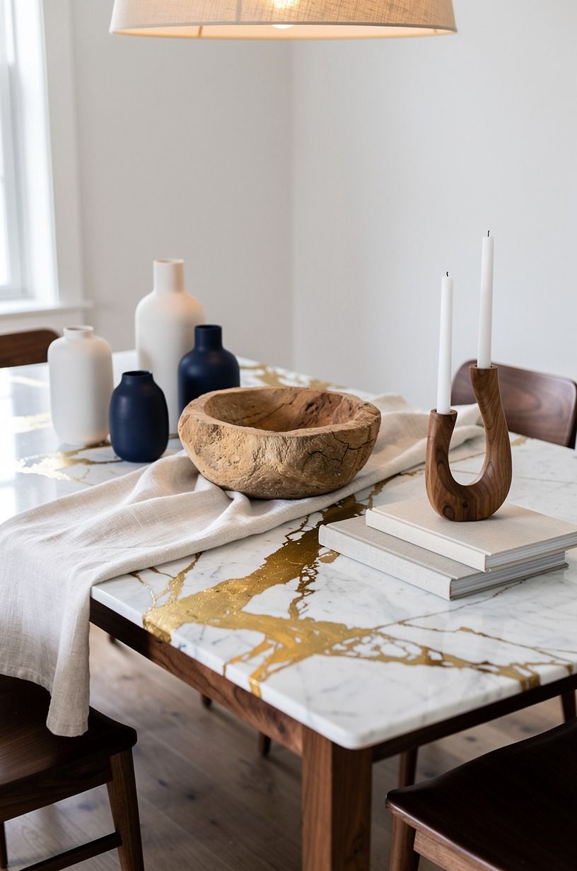 I chose one rough bowl and built around it, navy palette