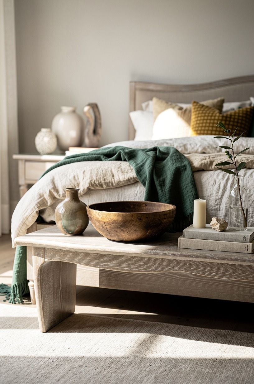 I softened the bed before styling the room, emerald palette