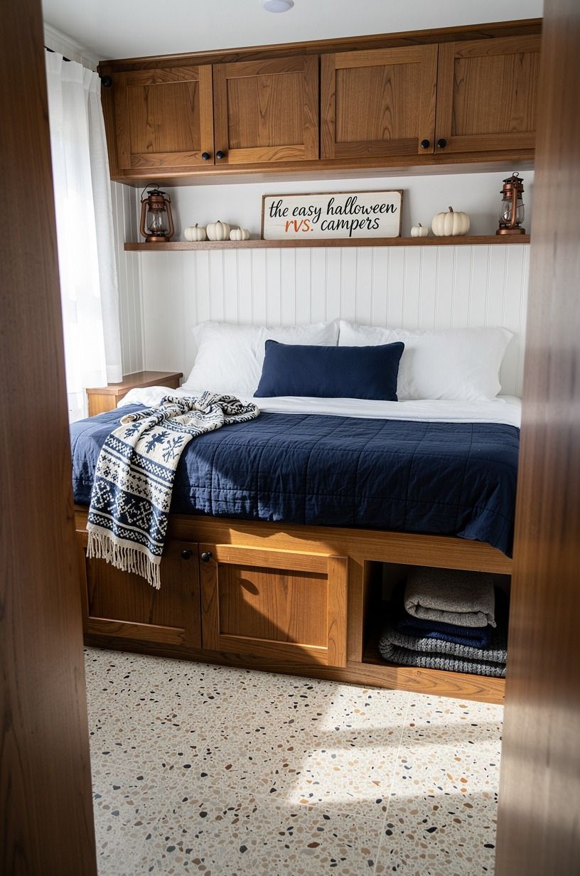 I Layered Tiny Home Seasonal Decor Around Sleep, navy palette