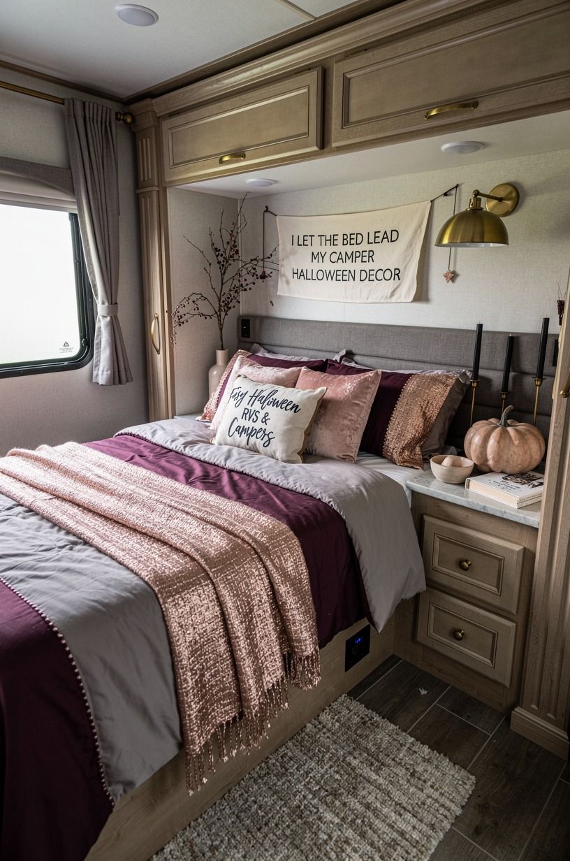 I Let the Bed Lead My Camper Halloween Decor, plum palette