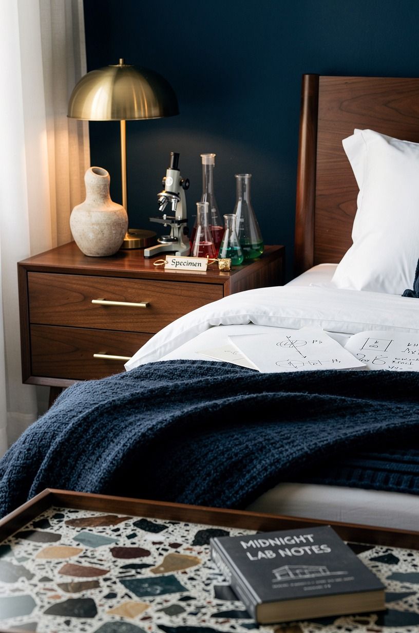 I made the bed comfortable enough to ignore the spooky corner, navy palette